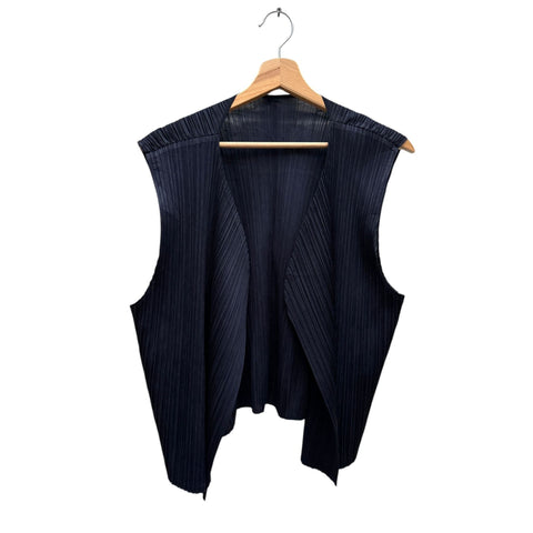 Navy Pleated Please Sleeveless Cardigan