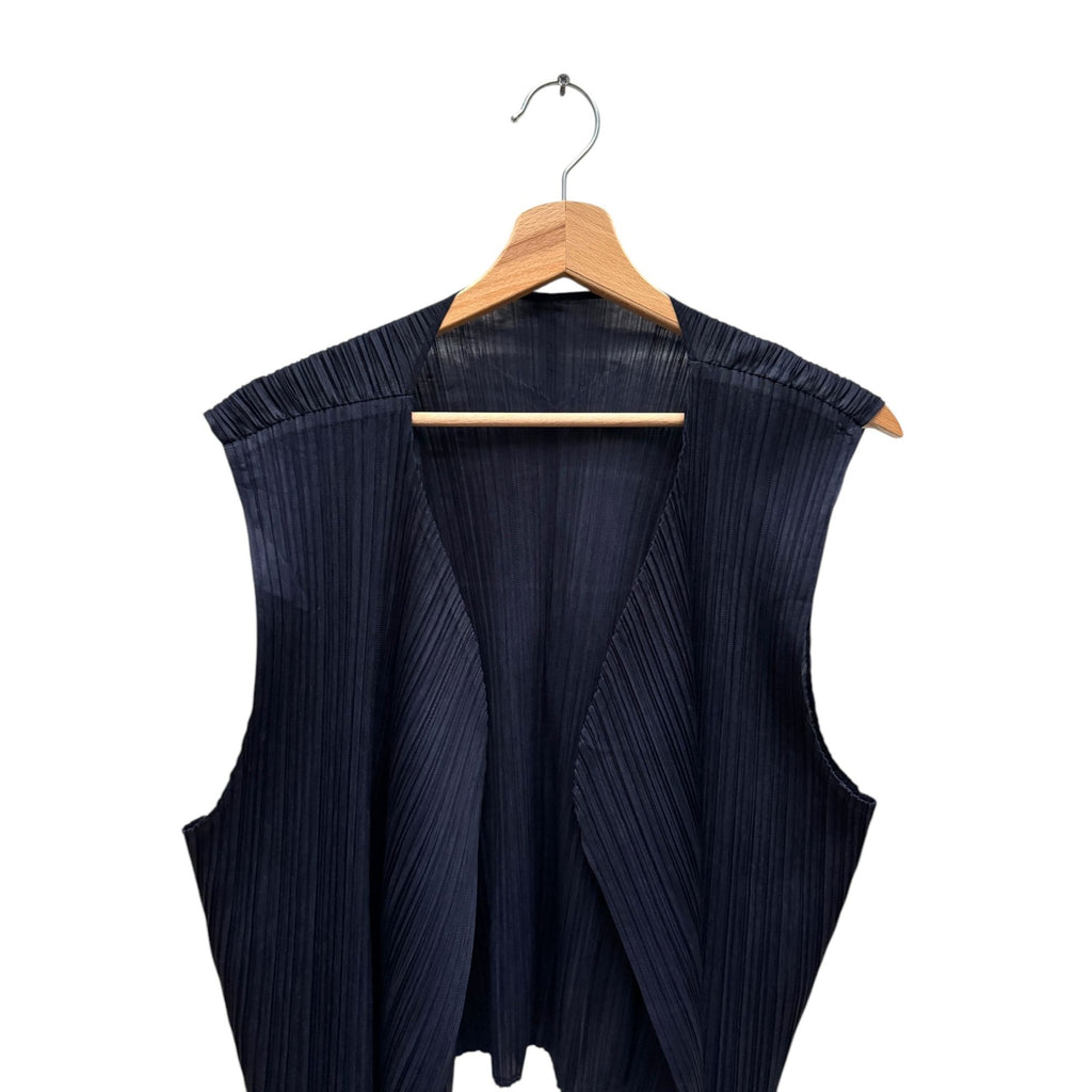 Navy Pleated Please Sleeveless Cardigan