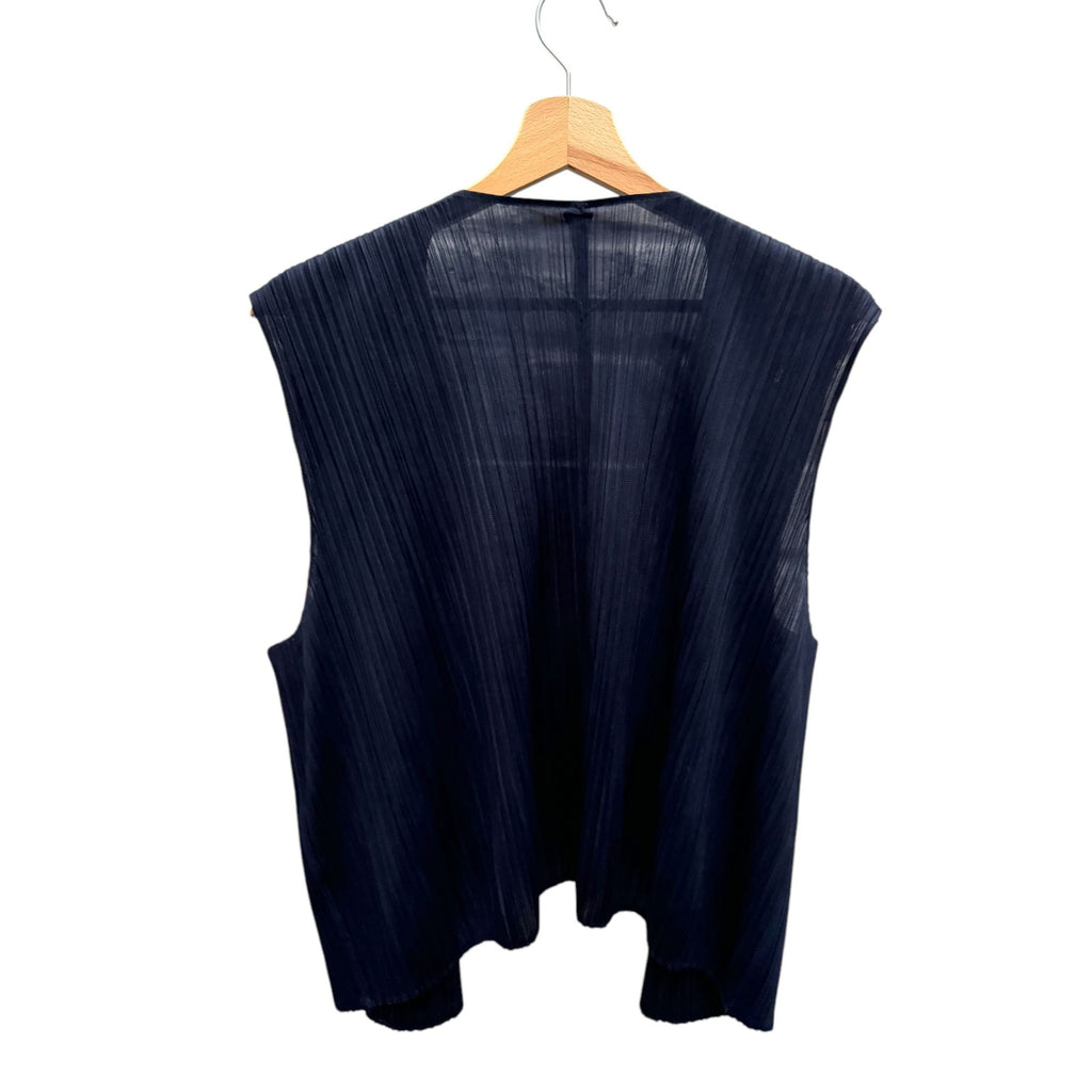 Navy Pleated Please Sleeveless Cardigan