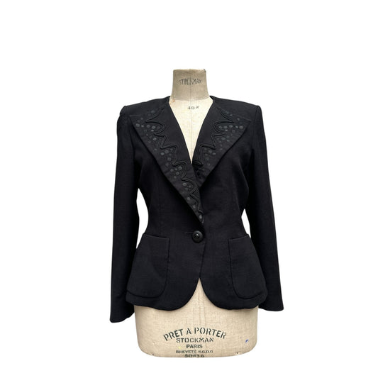 Black Wool Blazer with Embroidered Lapel