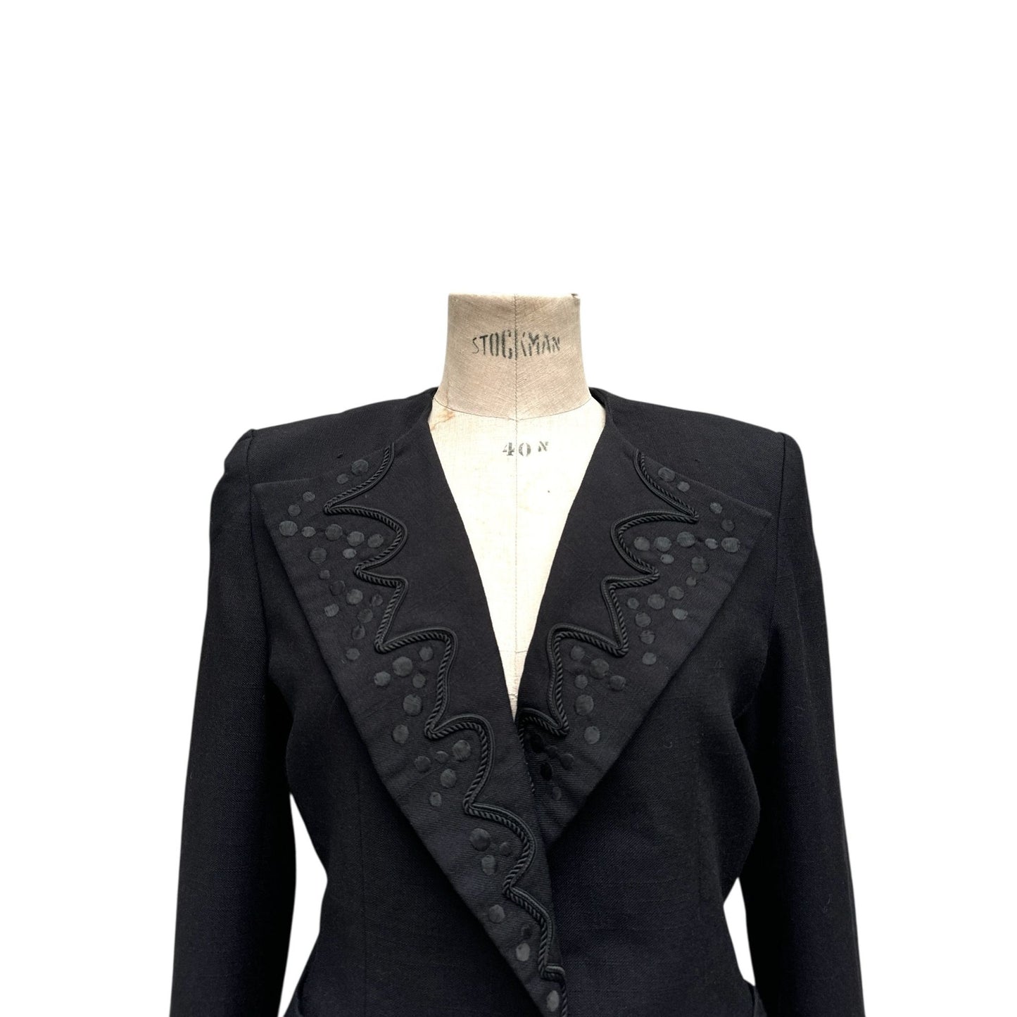 Black Wool Blazer with Embroidered Lapel