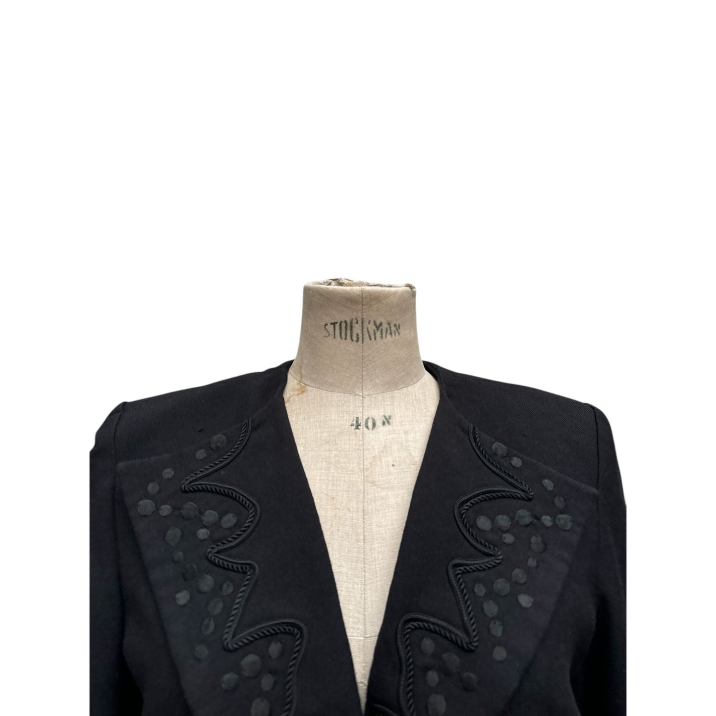 Black Wool Blazer with Embroidered Lapel