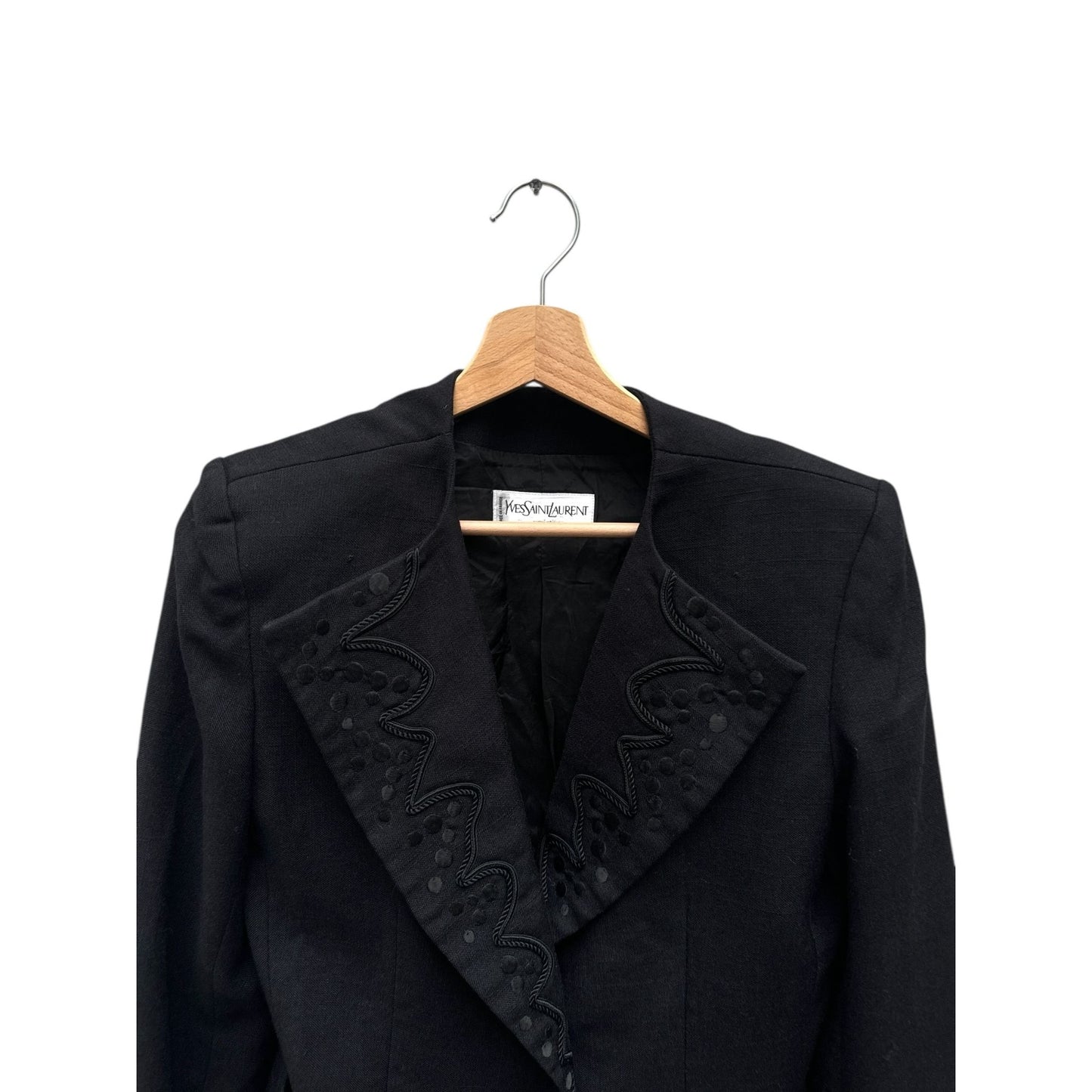 Black Wool Blazer with Embroidered Lapel