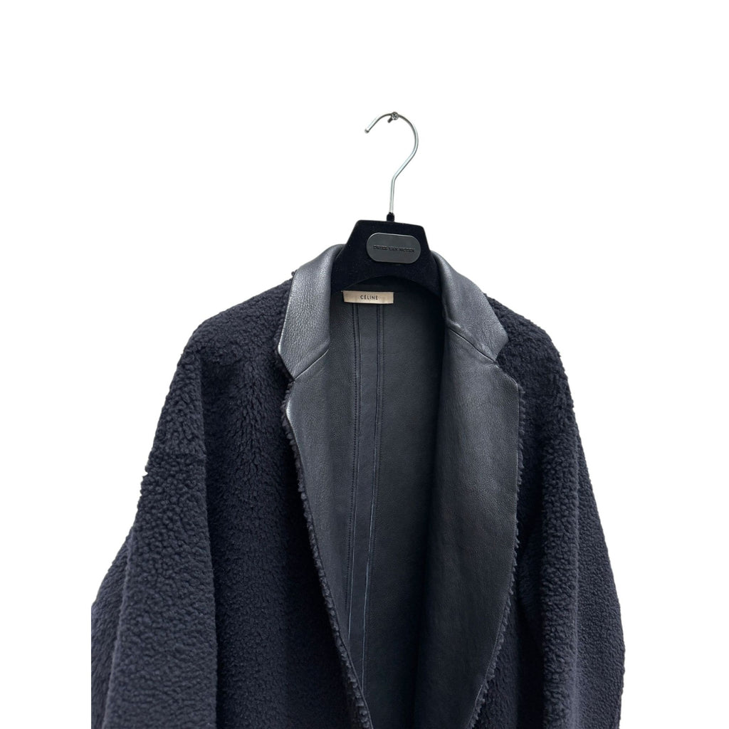 Navy Shearling Leather Crombie Coat