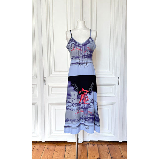 Vintage Blue Printed Mesh Slip Dress 