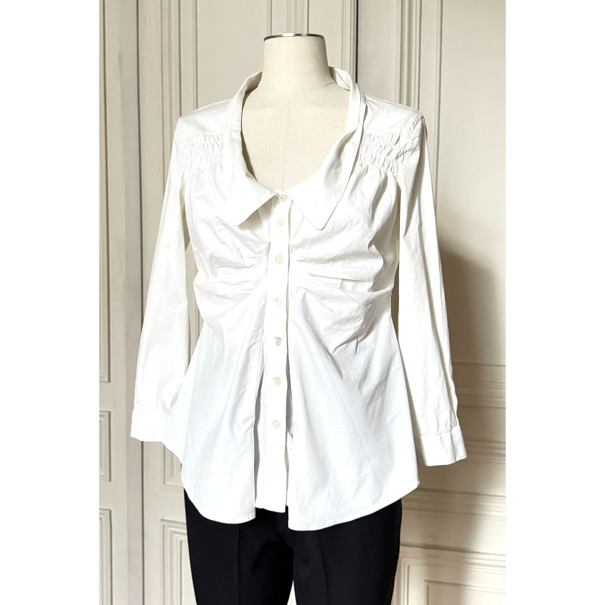 White Ruched Stretch Cotton Button-Down Shirt