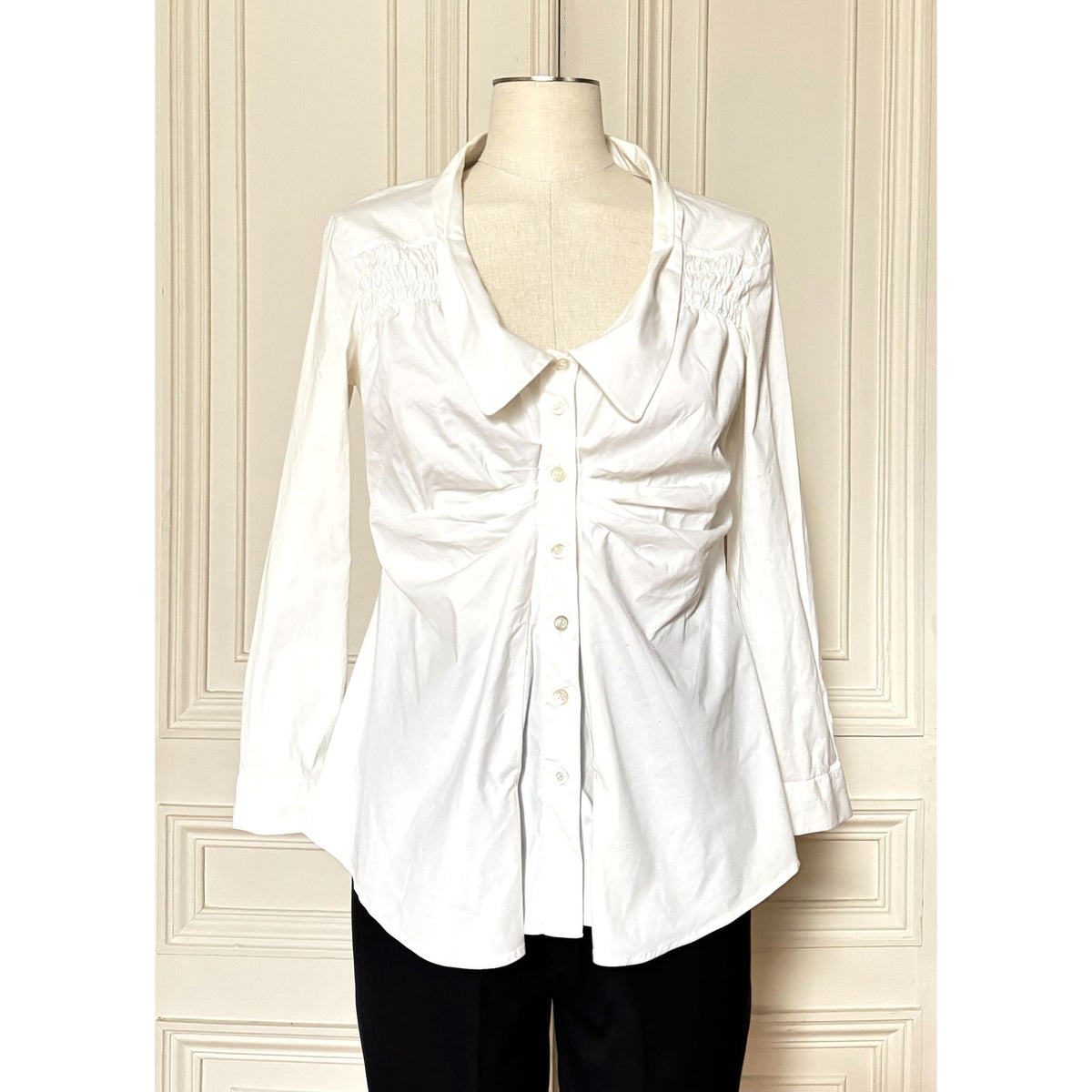 White Ruched Stretch Cotton Button-Down Shirt