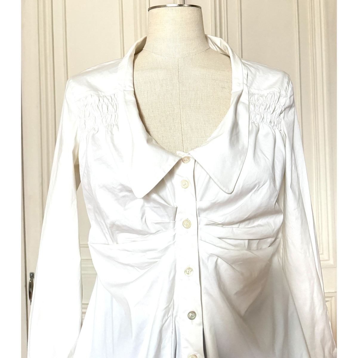 White Ruched Stretch Cotton Button-Down Shirt