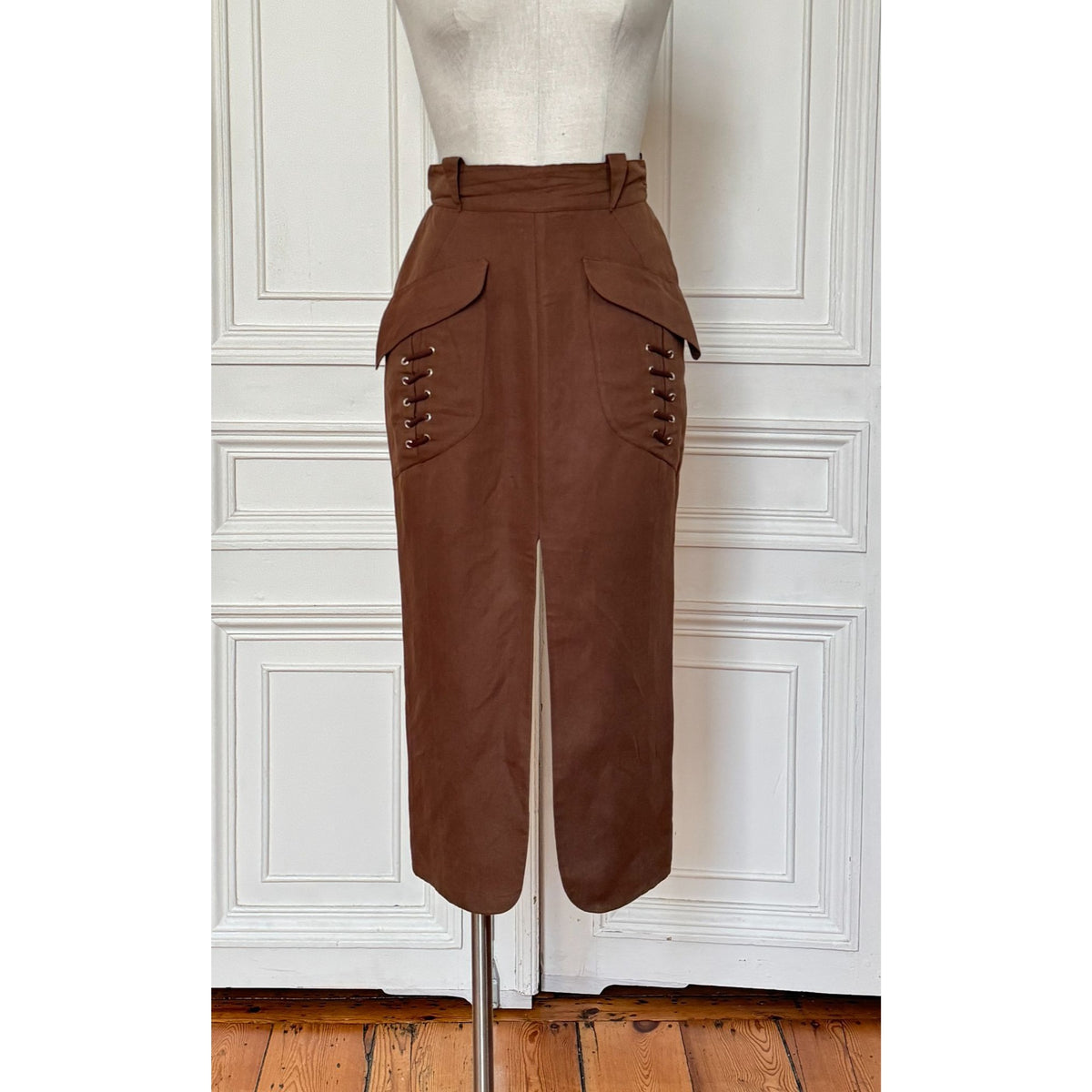 1990s Brown Linen-Blend Lace-Up Pocket Midi Skirt