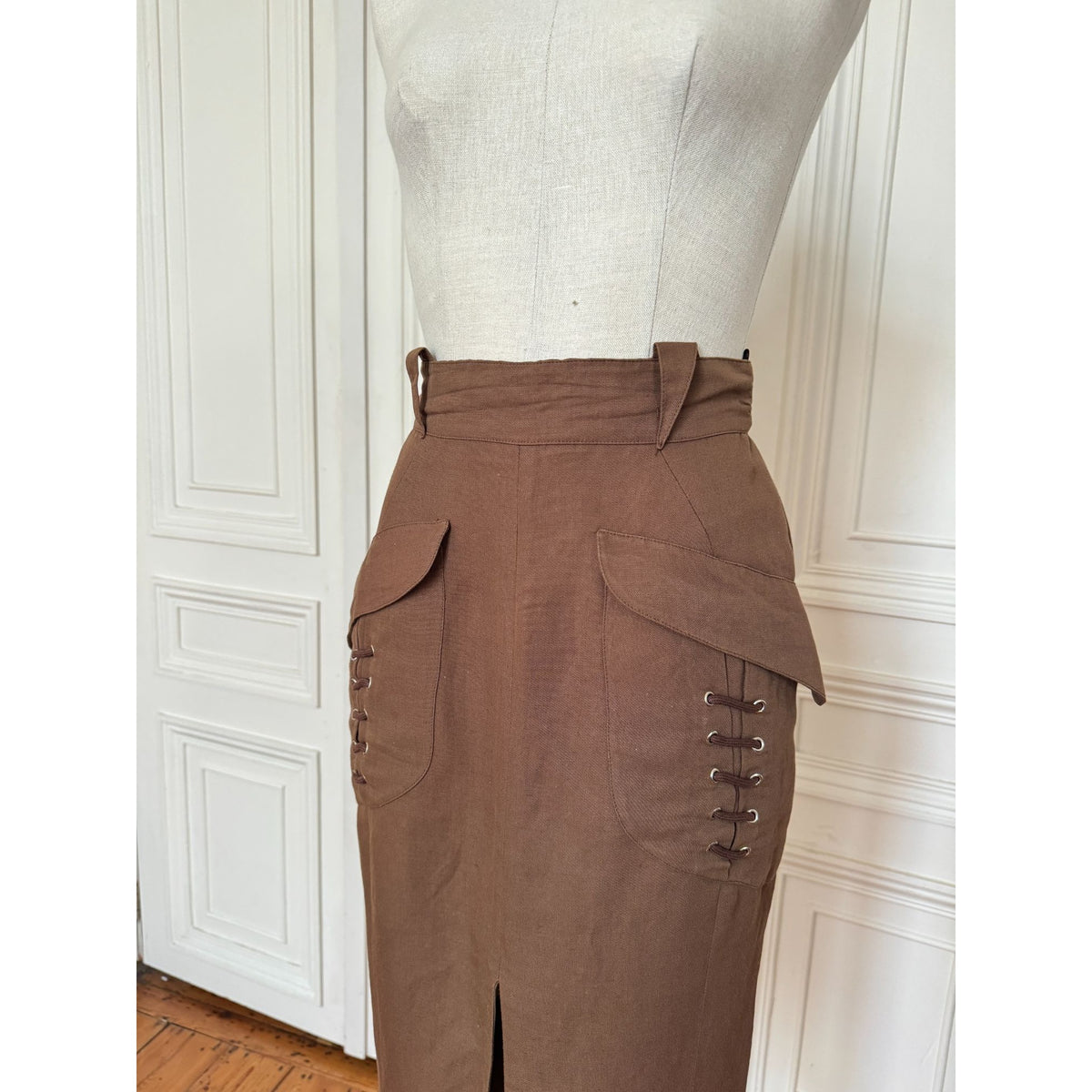 1990s Brown Linen-Blend Lace-Up Pocket Midi Skirt