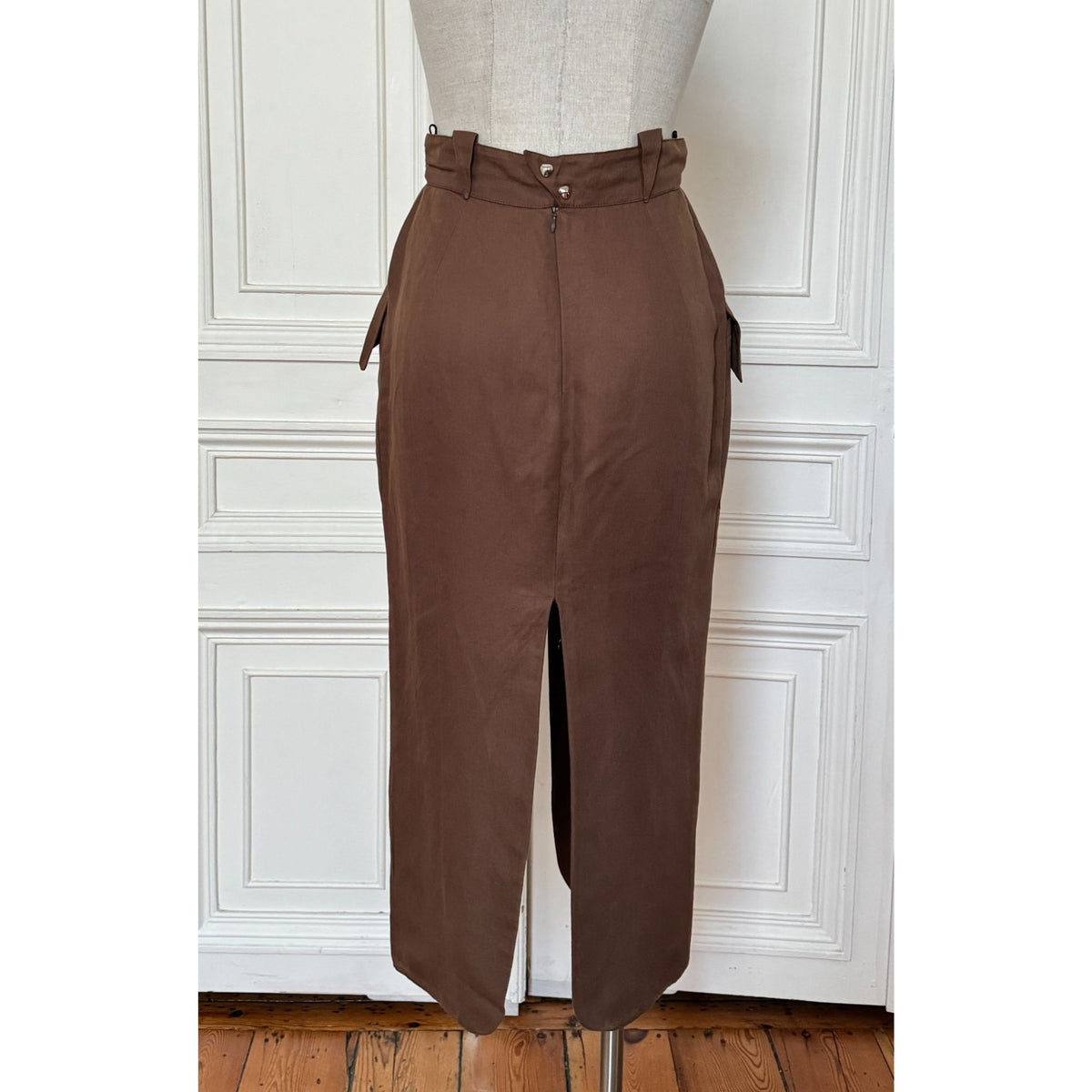 1990s Brown Linen-Blend Lace-Up Pocket Midi Skirt