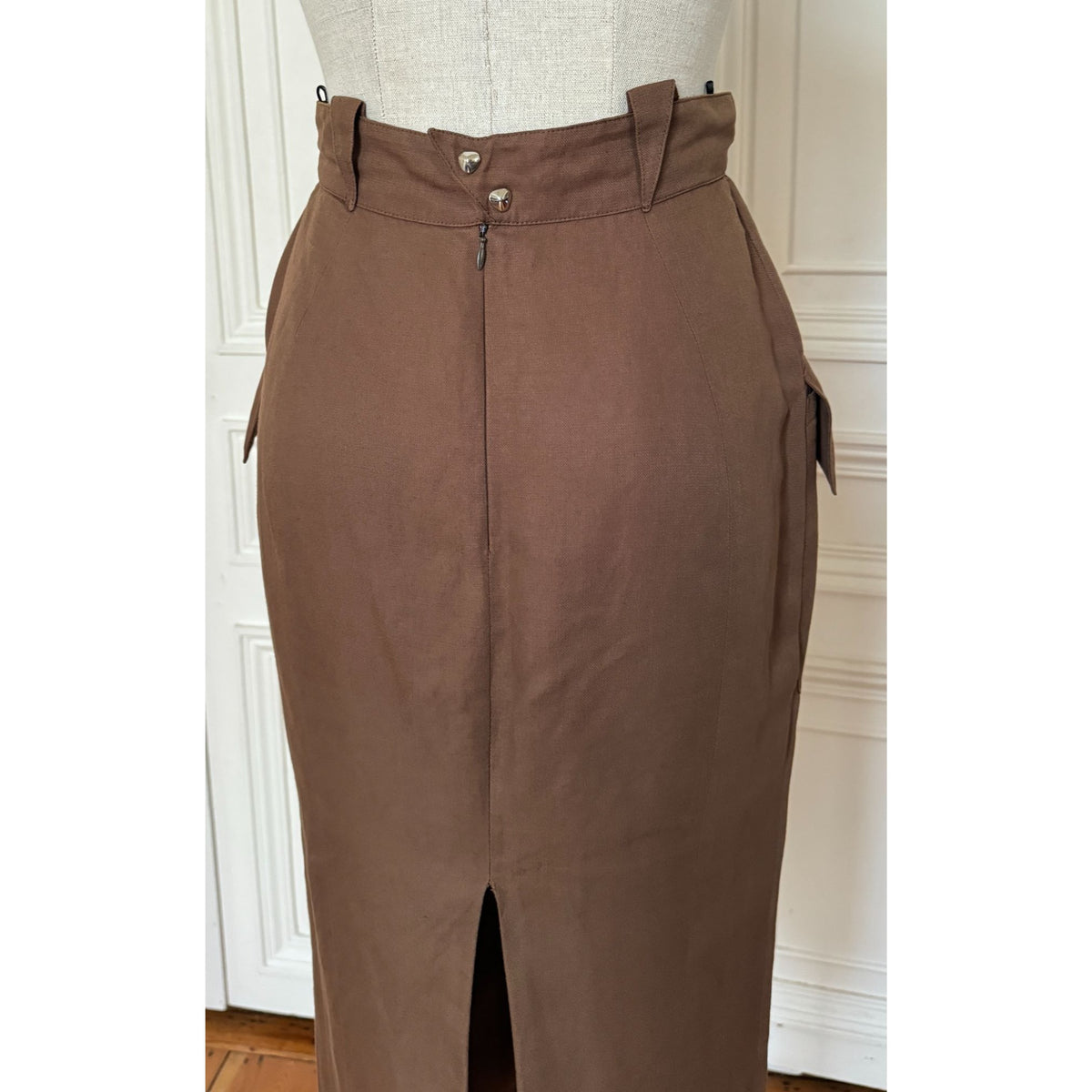 1990s Brown Linen-Blend Lace-Up Pocket Midi Skirt