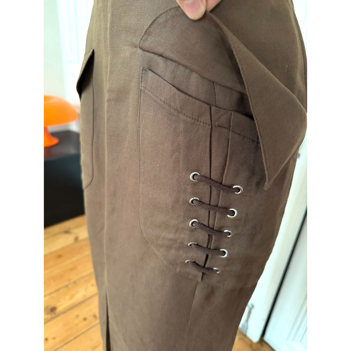 1990s Brown Linen-Blend Lace-Up Pocket Midi Skirt