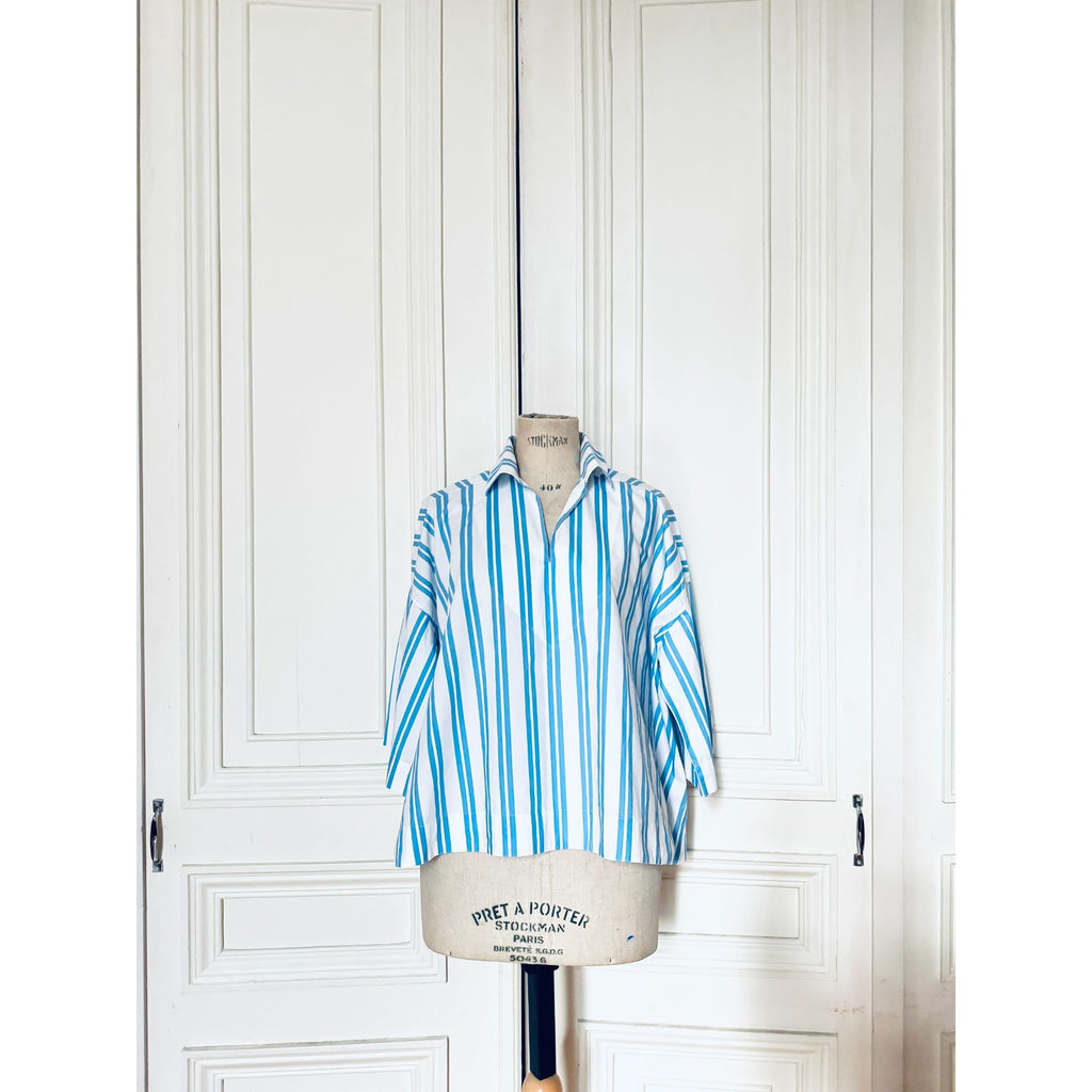 Balenciaga by Demna Oversized White Blue Striped Short Sleeves Shirt Size 36 / S