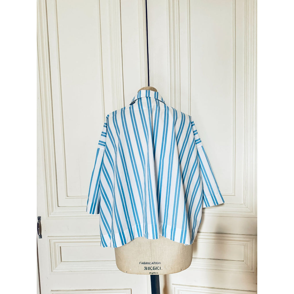 Balenciaga by Demna Oversized White Blue Striped Short Sleeves Shirt Size 36 / S