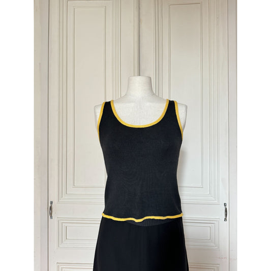 1970s Black Cotton Tank Top with Yellow Contrast Trim