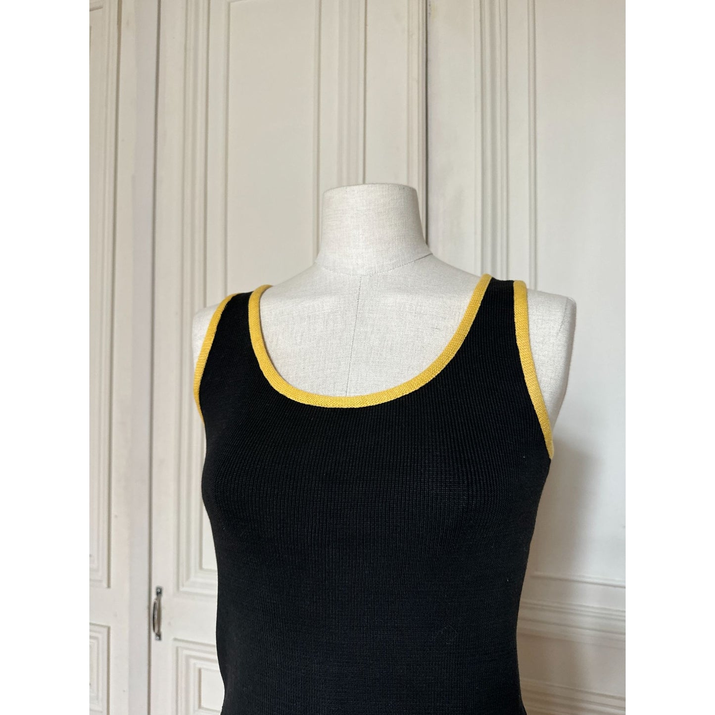 1970s Black Cotton Tank Top with Yellow Contrast Trim
