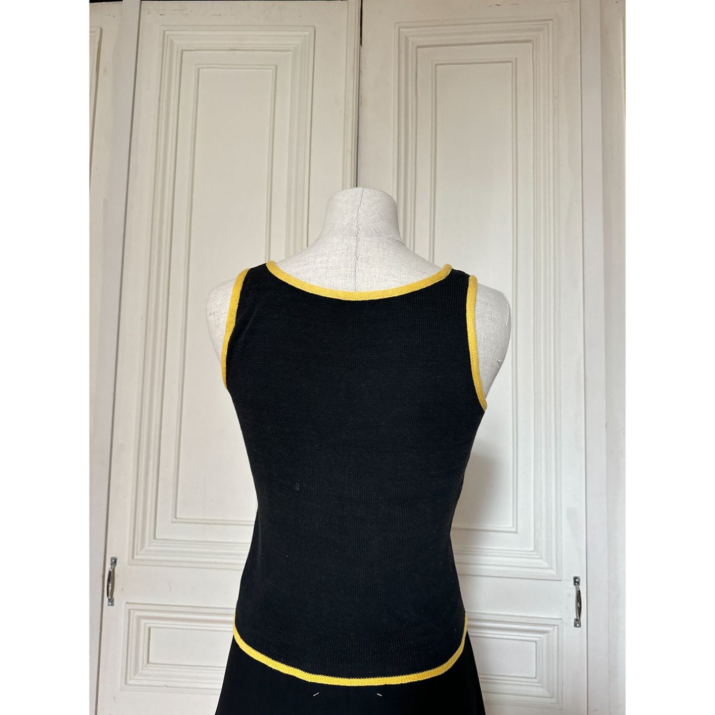 1970s Black Cotton Tank Top with Yellow Contrast Trim