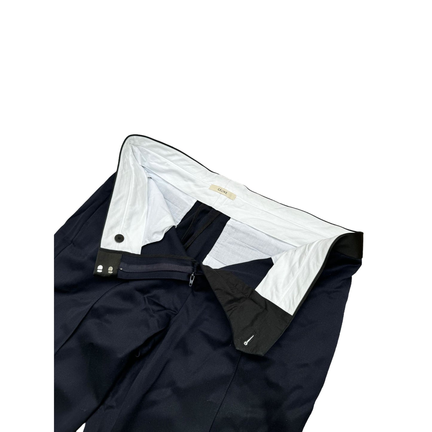 By Phoebe Philo Navy Tuxedo Pants  Contrast Silk Blend Waistband