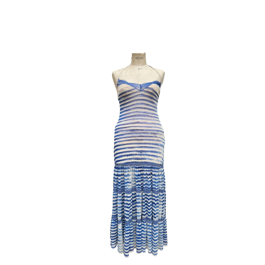 Vintage Striped Blue Mesh Maxi Dress