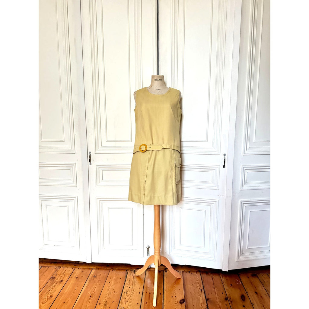 1960s Elegant Beige Belted Dress