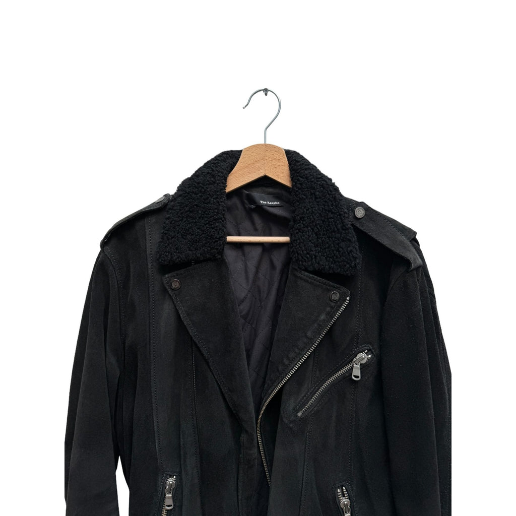 Black Suede Leather Jacket  Black Sheepskin fur collar