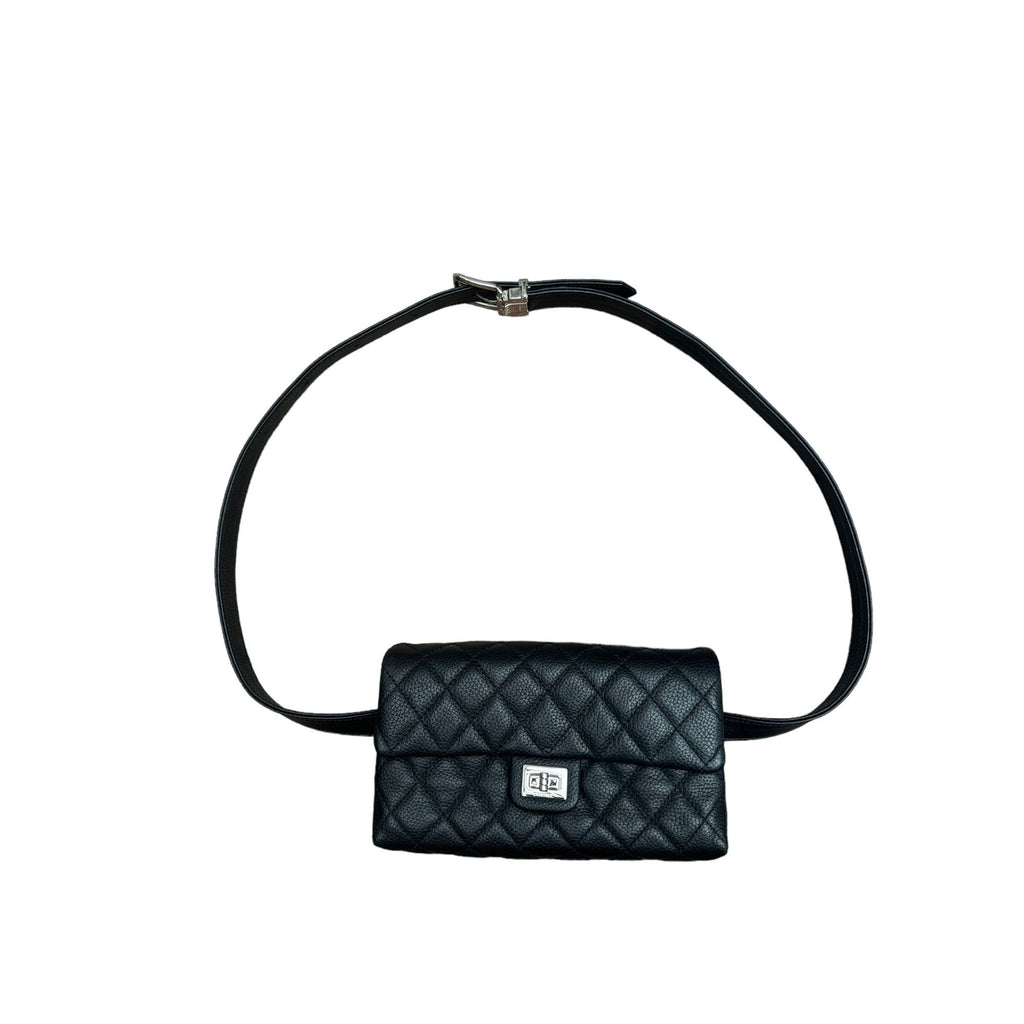 Grained Calfskin Quilted 2.55 Flap Belt Bag Clutch in Black