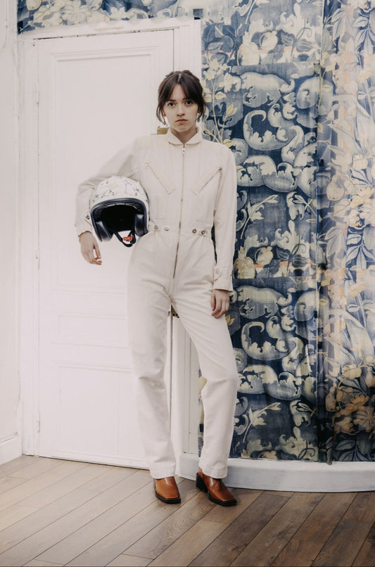 1970s White Corduroy Jumpsuit with Beige Yokes
