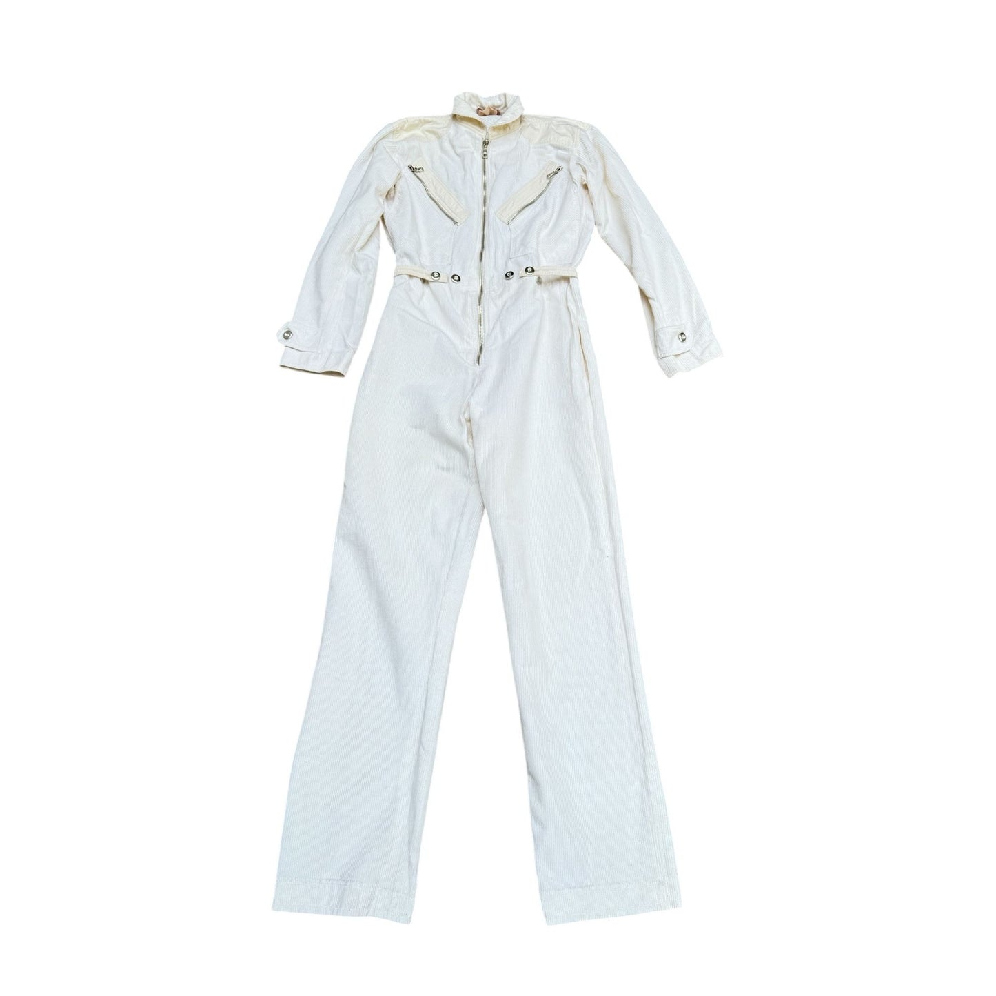 1970s White Corduroy Jumpsuit with Beige Yokes