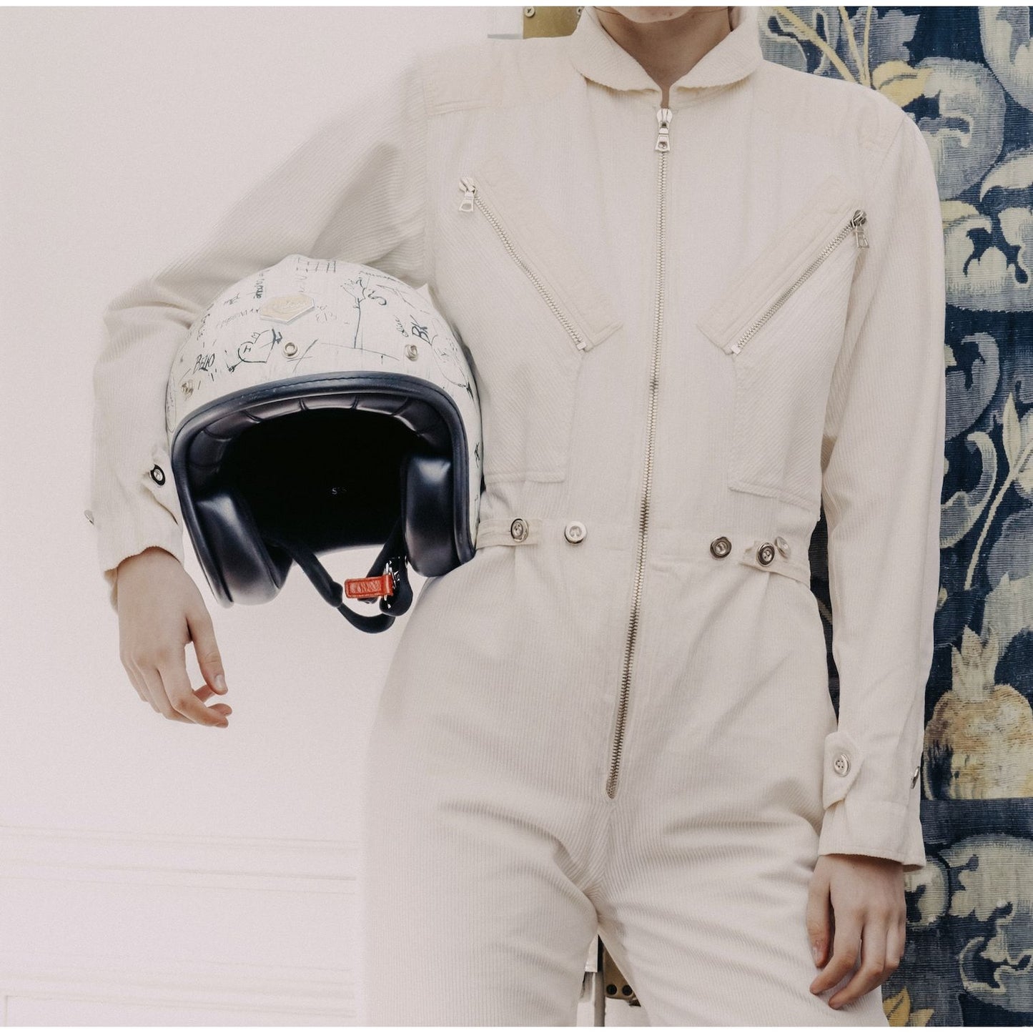 1970s White Corduroy Jumpsuit with Beige Yokes