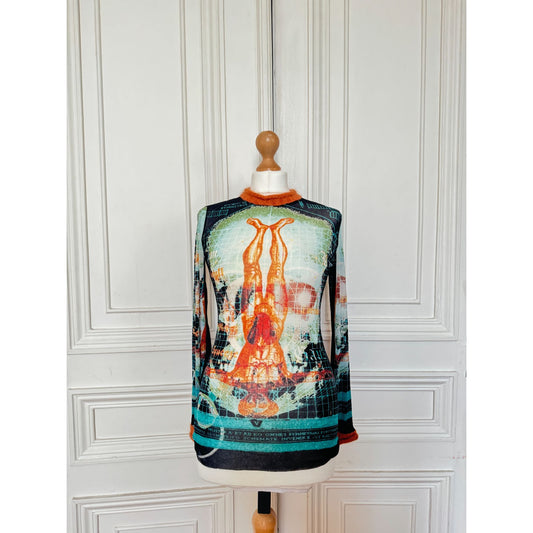 Vintage Mesh Longsleeve Top with Surreal Skull Print 