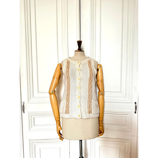 1970s Cream & Beige Cable Knit Vest