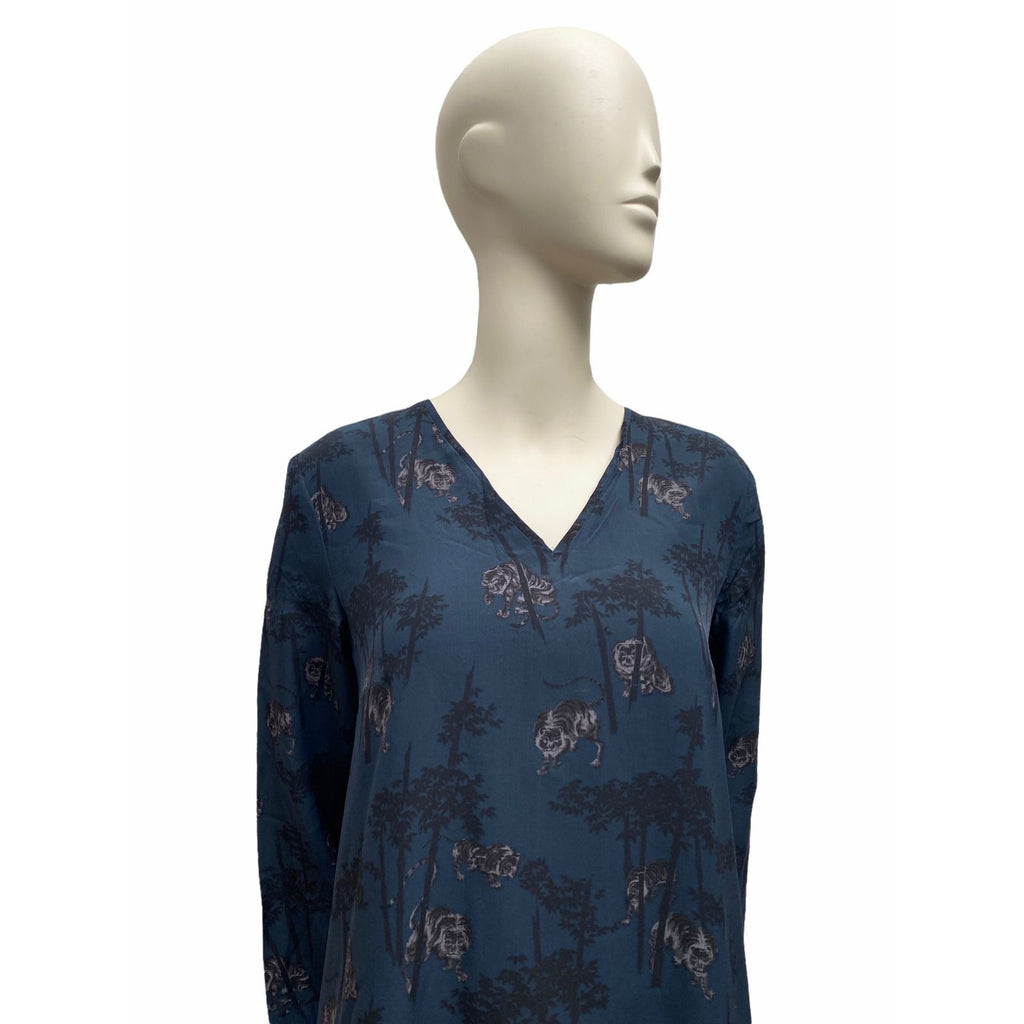 Dark Navy Tiger Silk Dress  Longsleeves