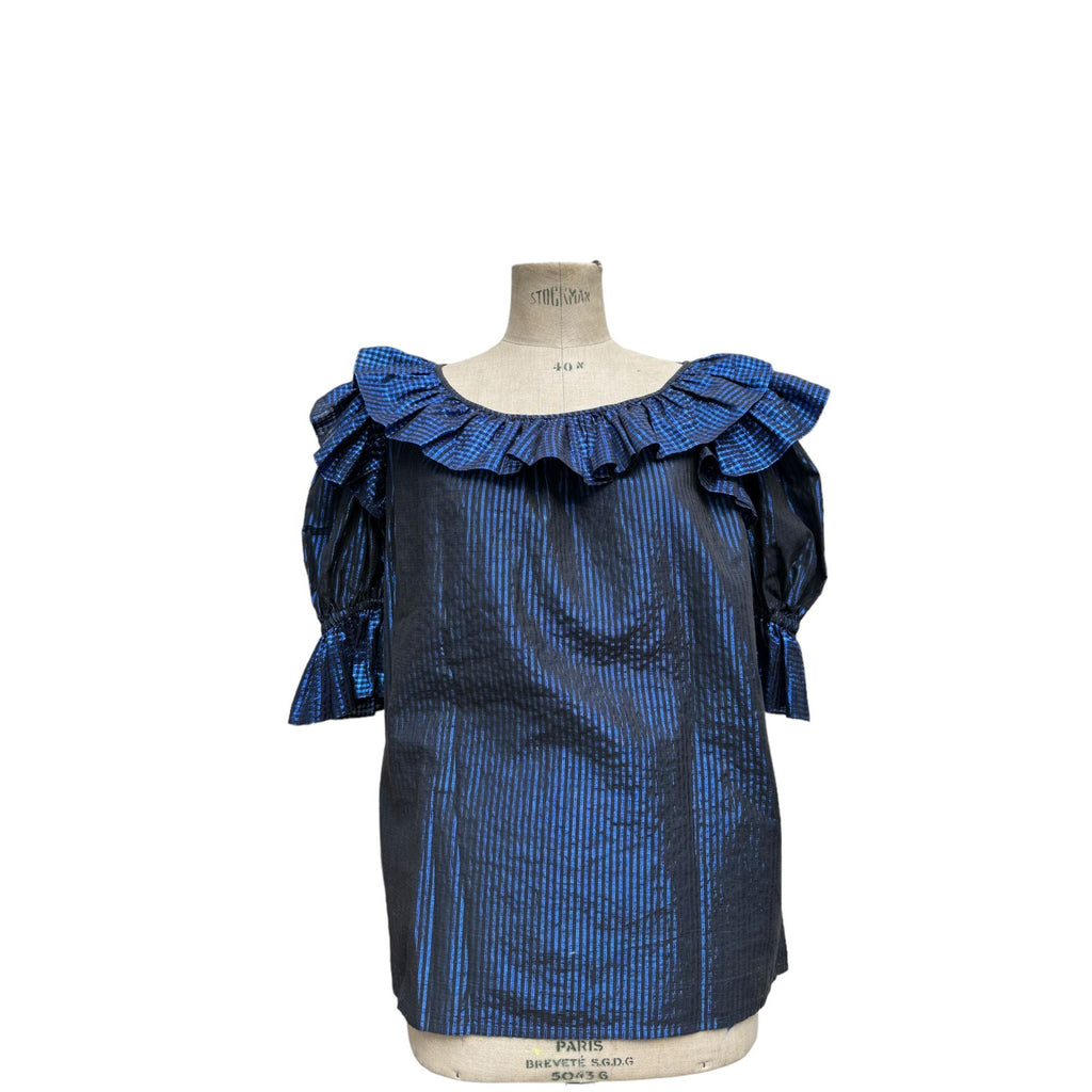 Vintage Metallic Blue striped ruffled top