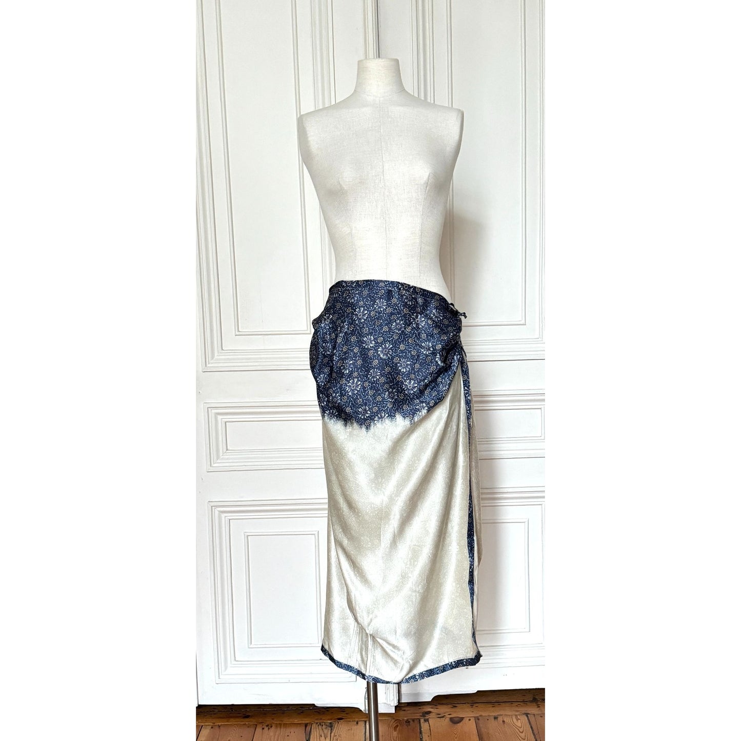 1990s White Blue Silk Wrap Skirt