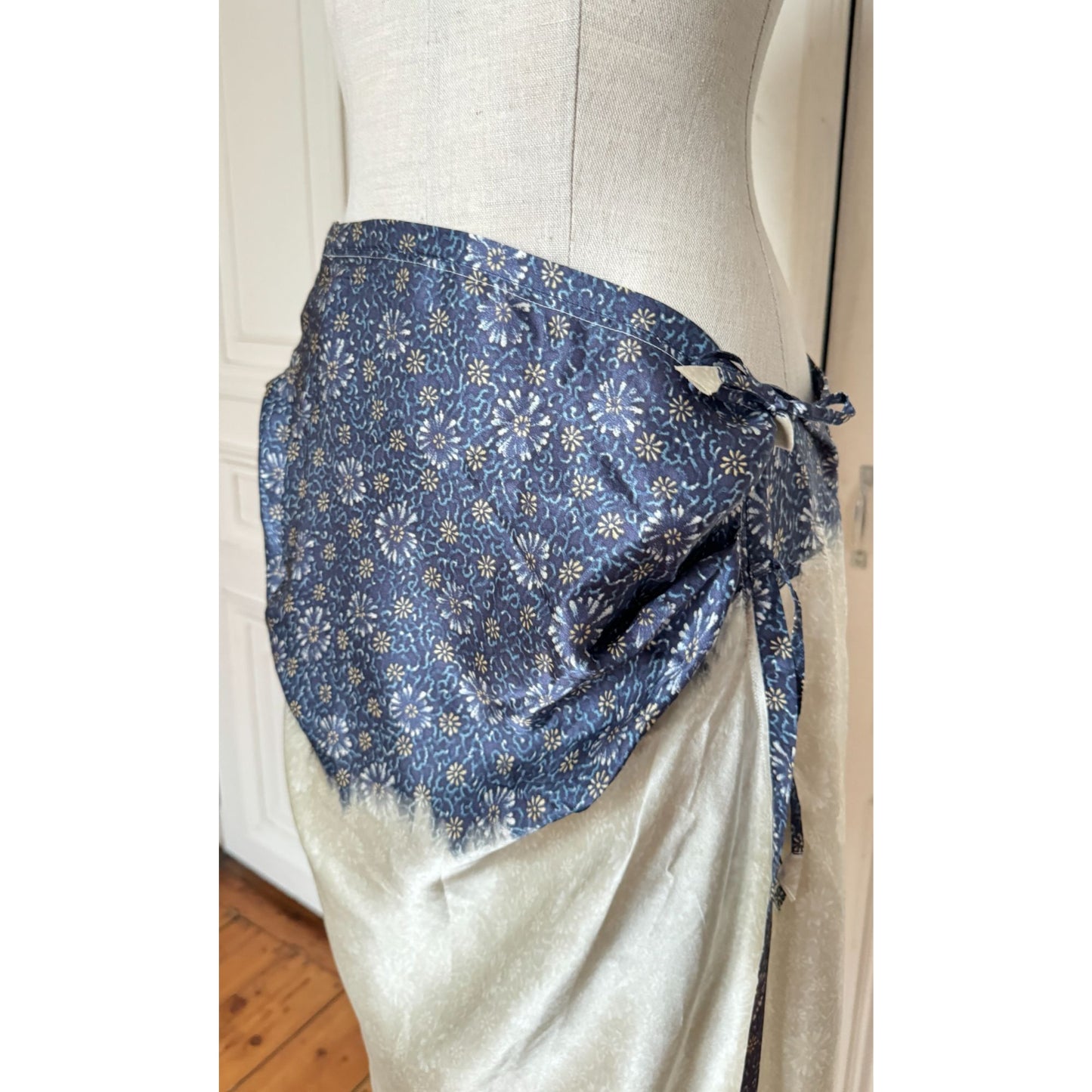 1990s White Blue Silk Wrap Skirt