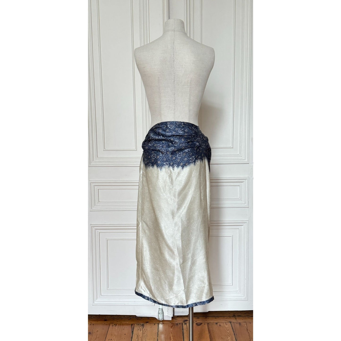 1990s White Blue Silk Wrap Skirt