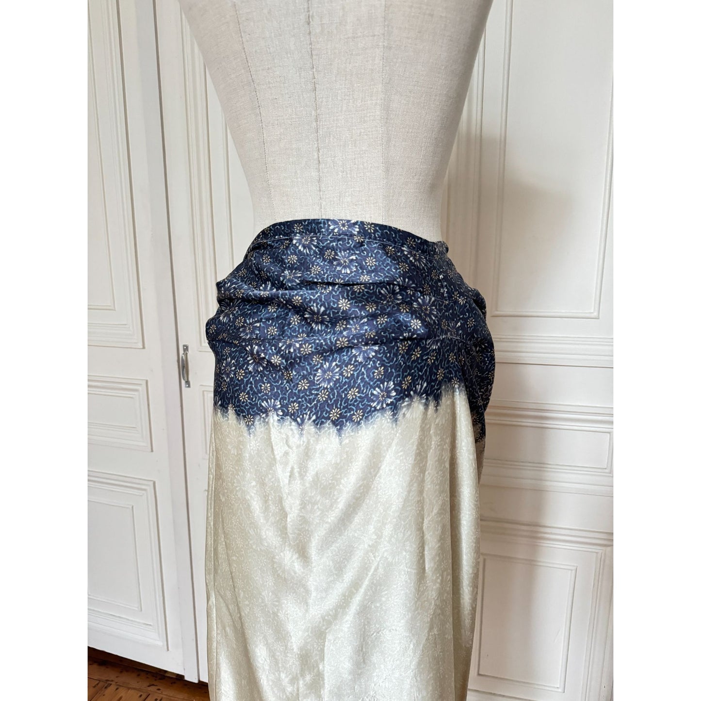 1990s White Blue Silk Wrap Skirt