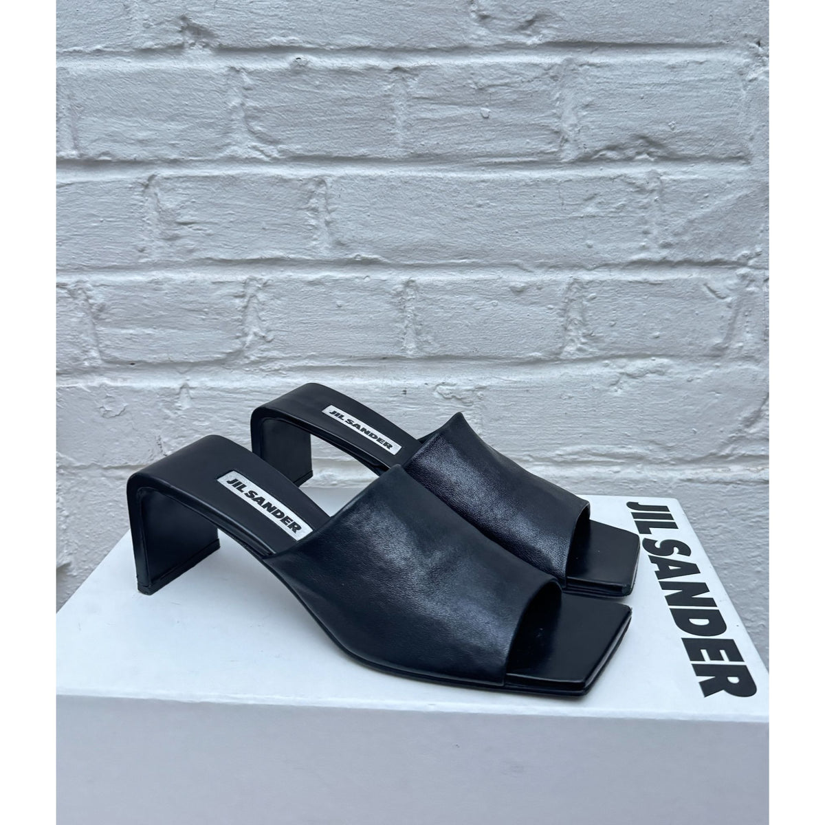 Black Leather Sculptural Heel Mules