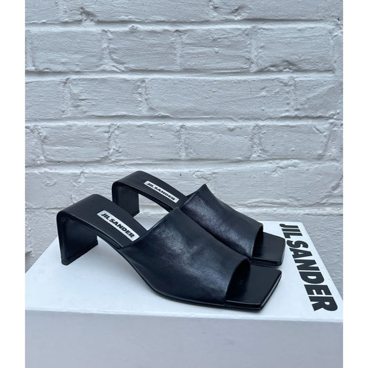 Black Leather Sculptural Heel Mules