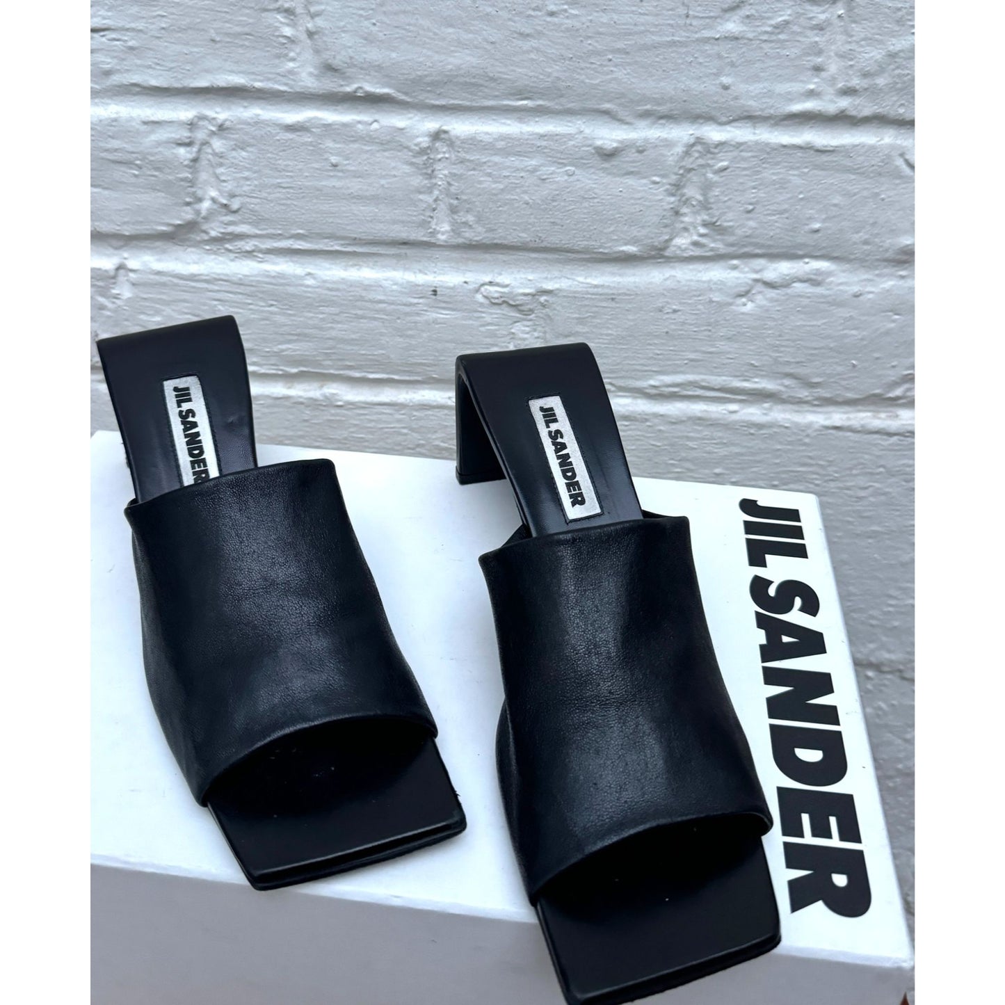 Black Leather Sculptural Heel Mules