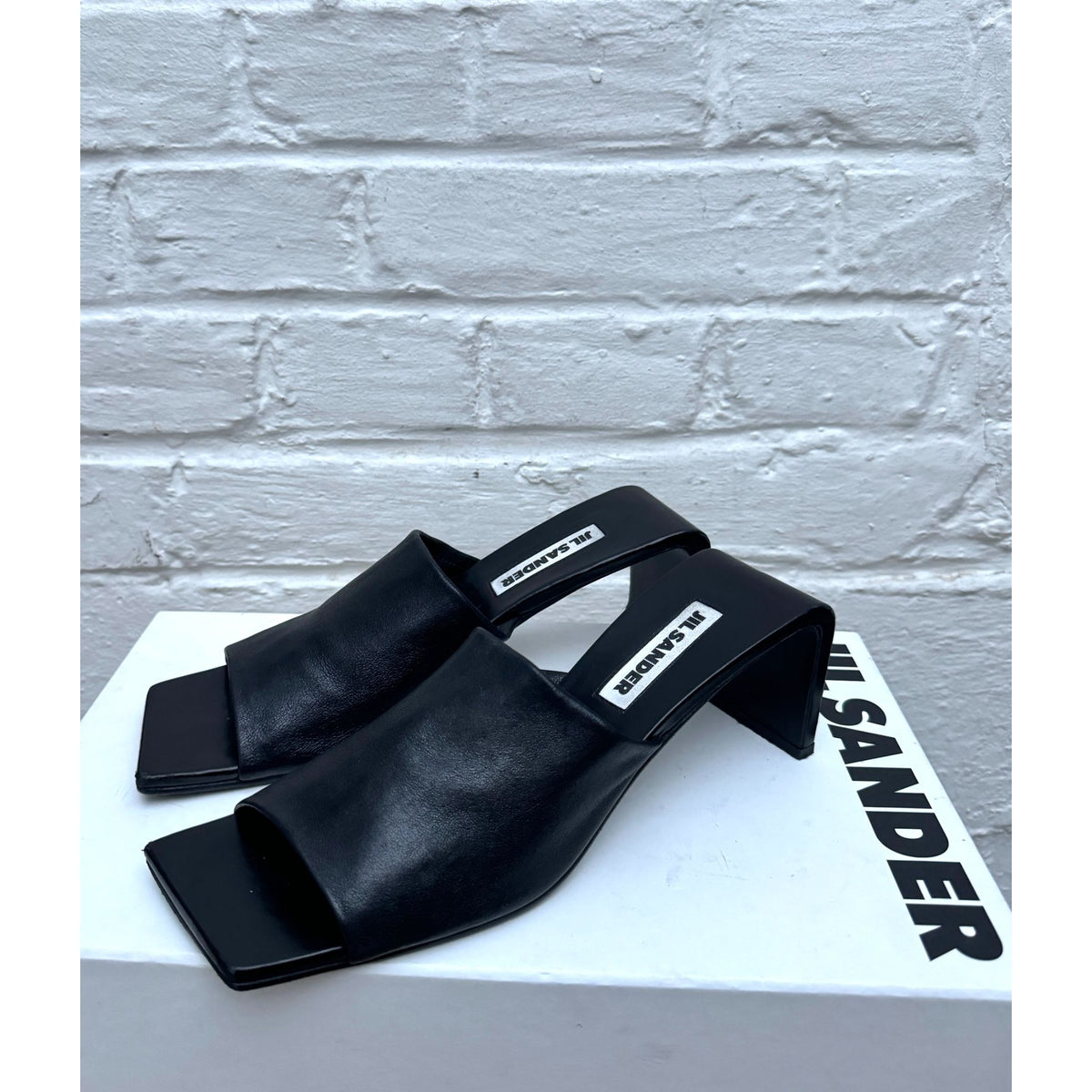 Black Leather Sculptural Heel Mules