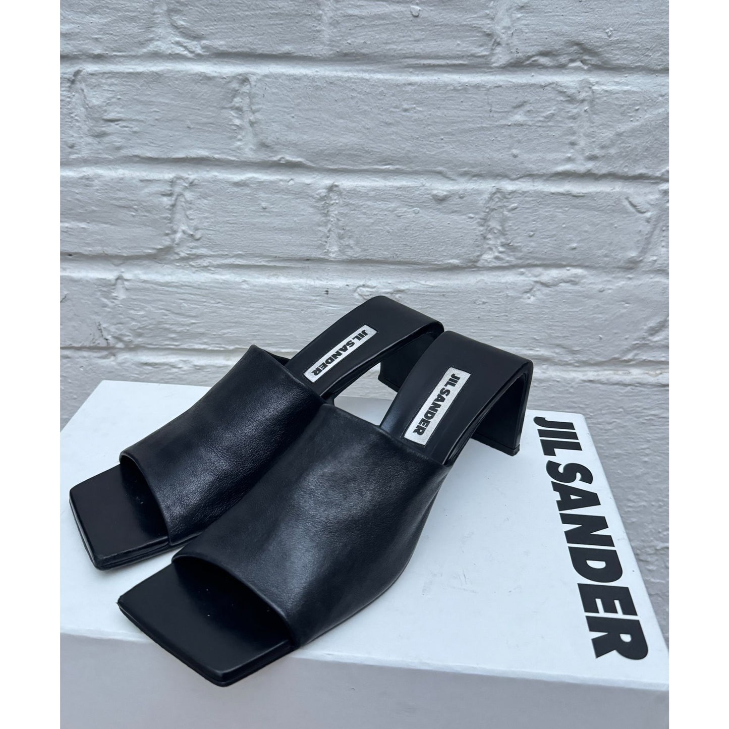 Black Leather Sculptural Heel Mules