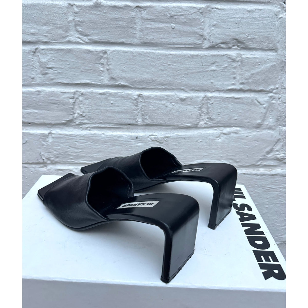 Black Leather Sculptural Heel Mules