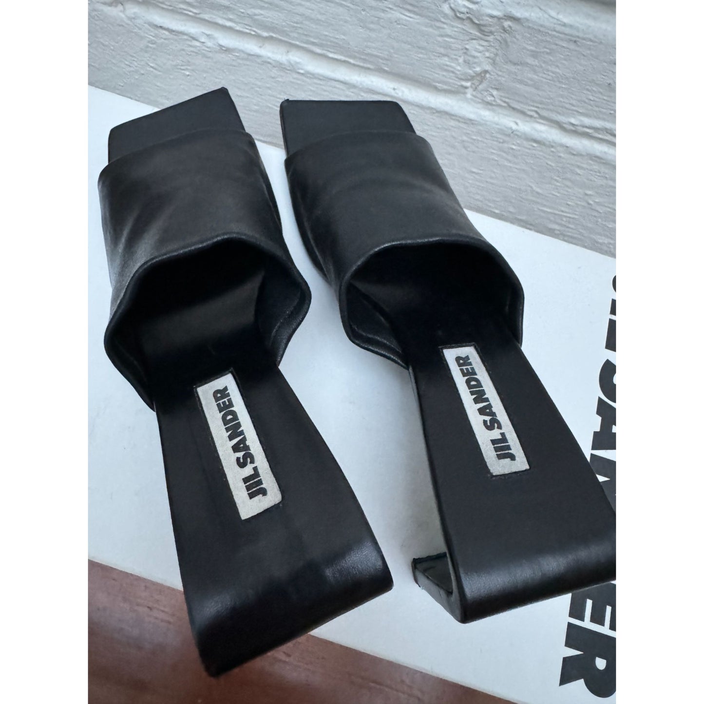 Black Leather Sculptural Heel Mules
