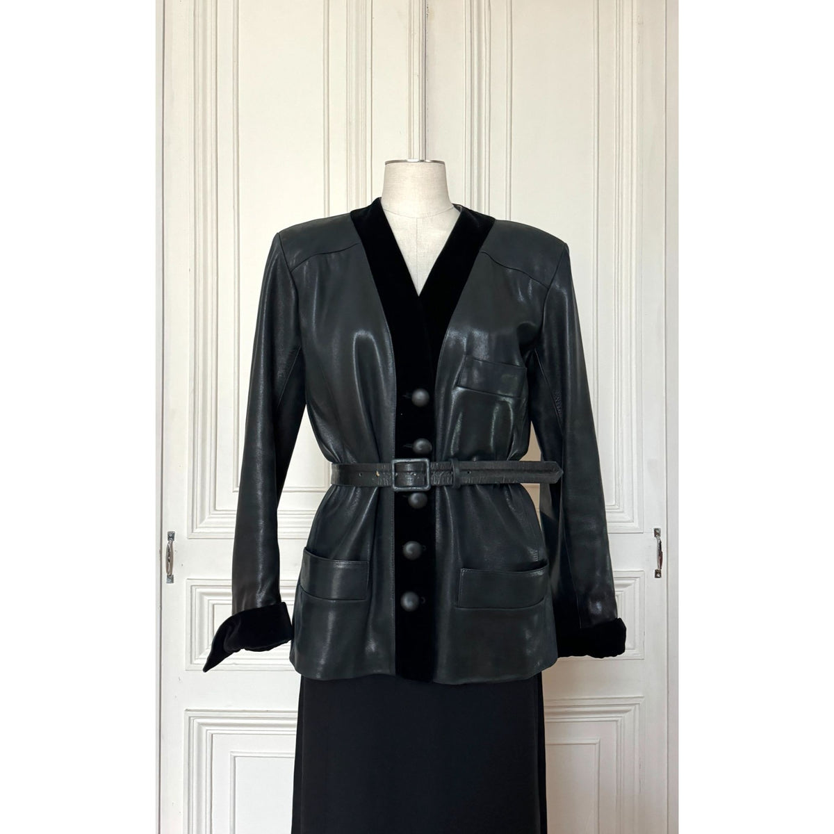 1970s Dark Navy Leather &amp; Velvet Belted Jacket