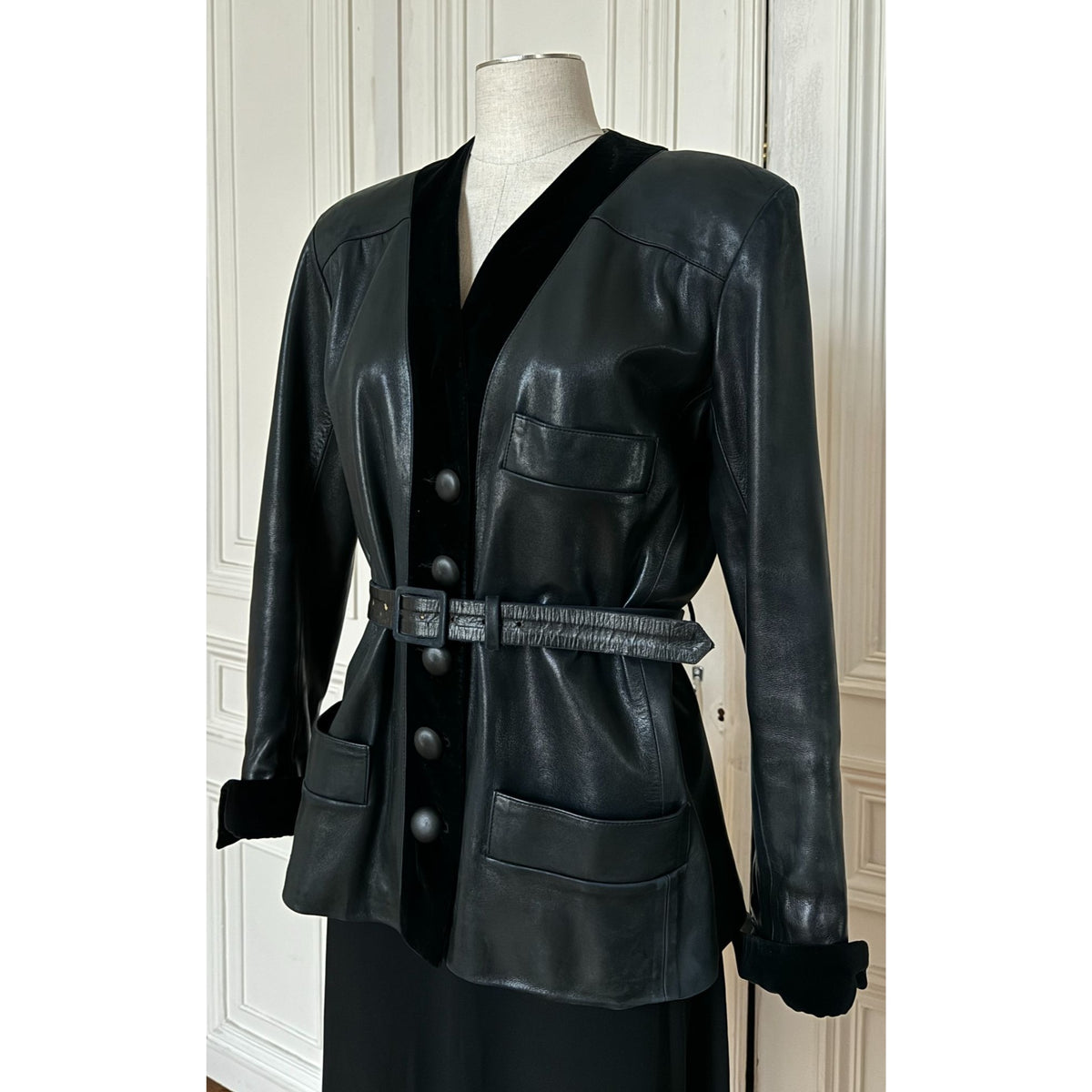 1970s Dark Navy Leather &amp; Velvet Belted Jacket