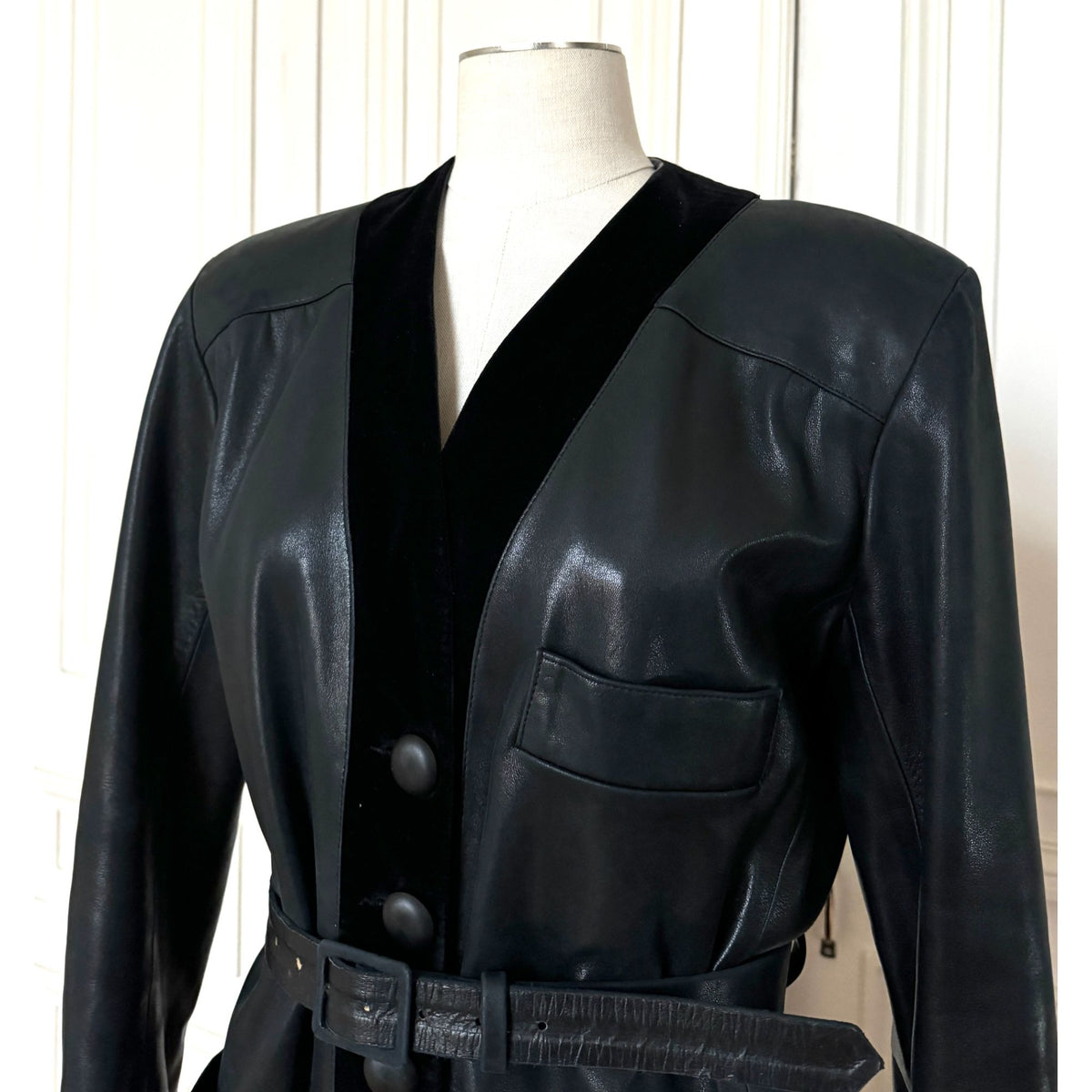 1970s Dark Navy Leather &amp; Velvet Belted Jacket