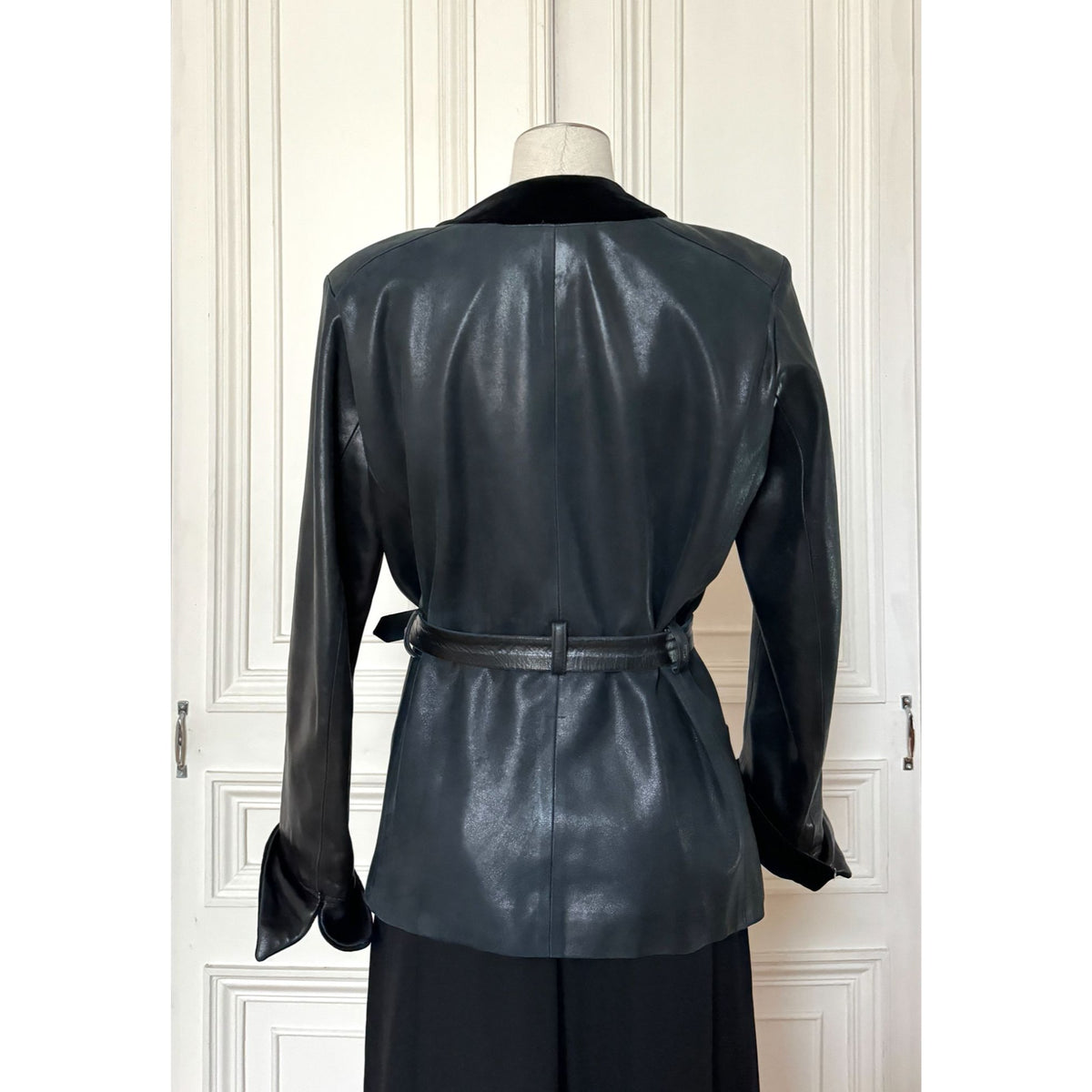 1970s Dark Navy Leather &amp; Velvet Belted Jacket