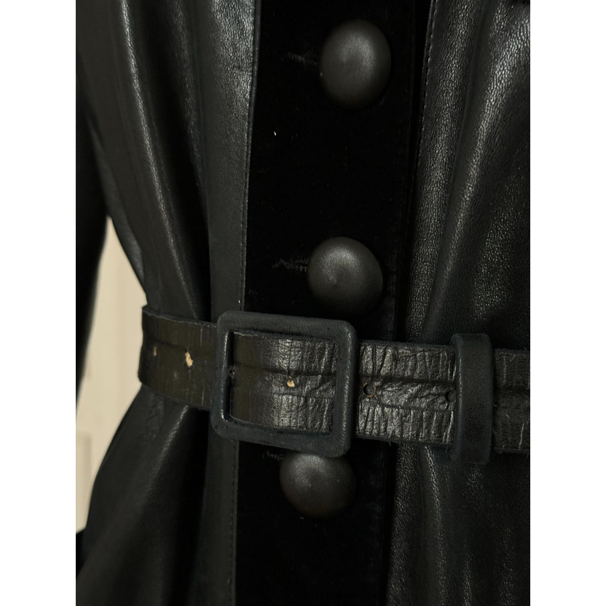 1970s Dark Navy Leather &amp; Velvet Belted Jacket